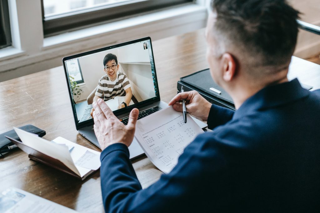 Coworkers meeting in video call