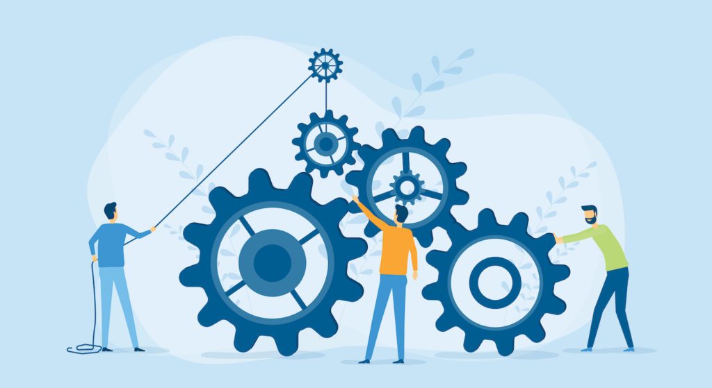 Illustration of workers with mechanical gears. Represents business process management (BPM) software.