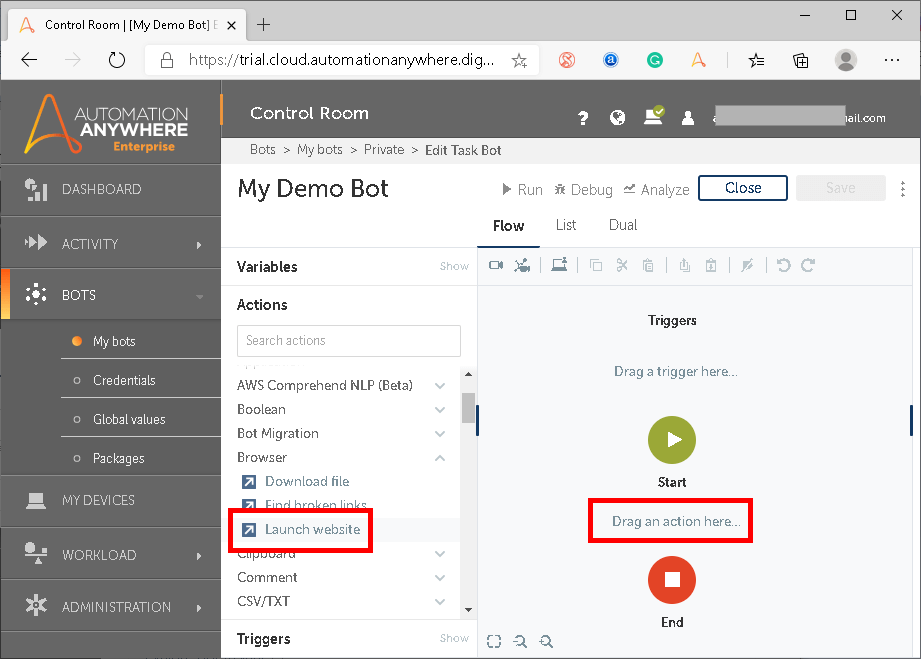 Screenshot of Automation 360 RPA platform.