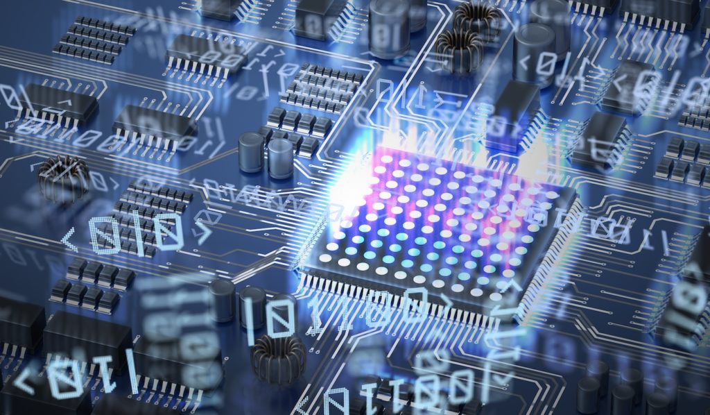 Quantum computing concept. Circuit and qubits in background. 3D rendered illustration.