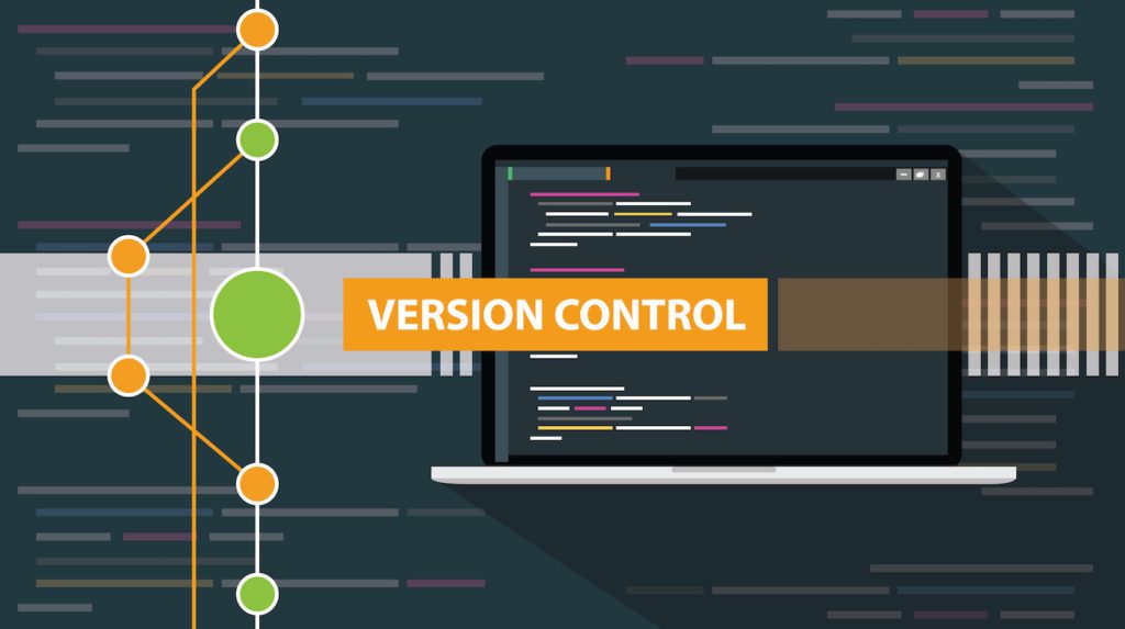 Concept of version control software with laptop and line vector illustration.