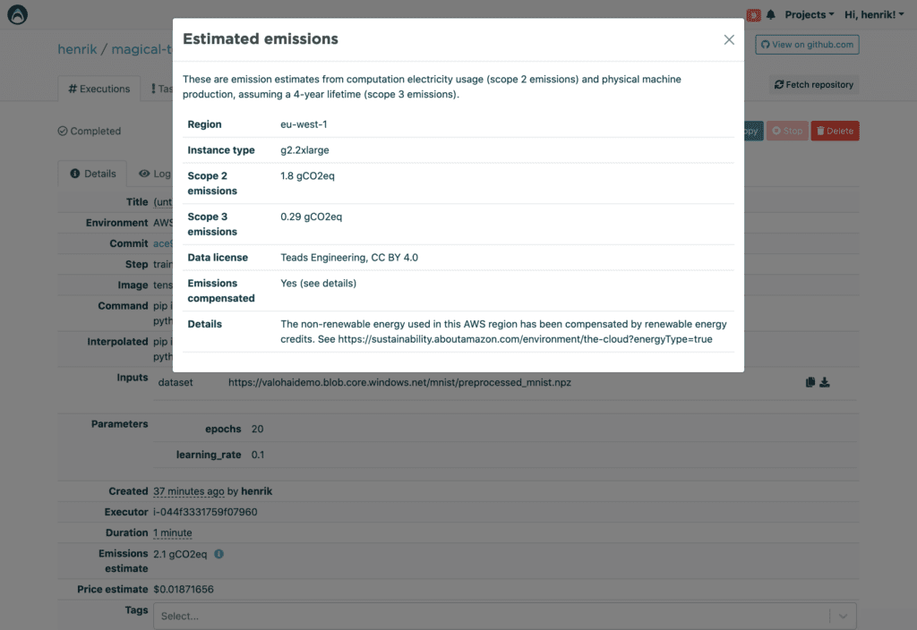 The screenshot from Valohai shows how it estimates carbon footprint for ML workloads.